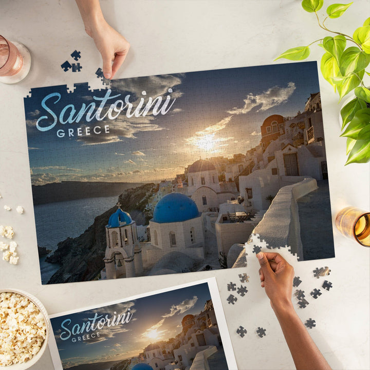 Santorini, Greece, Sunset and Coastal Town, Jigsaw Puzzle Puzzle Lantern Press 