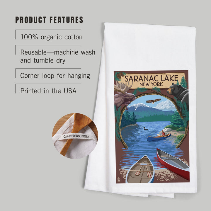 Saranac Lake, New York, Adirondacks Canoe Scene, Organic Cotton Kitchen Tea Towels Kitchen Lantern Press 