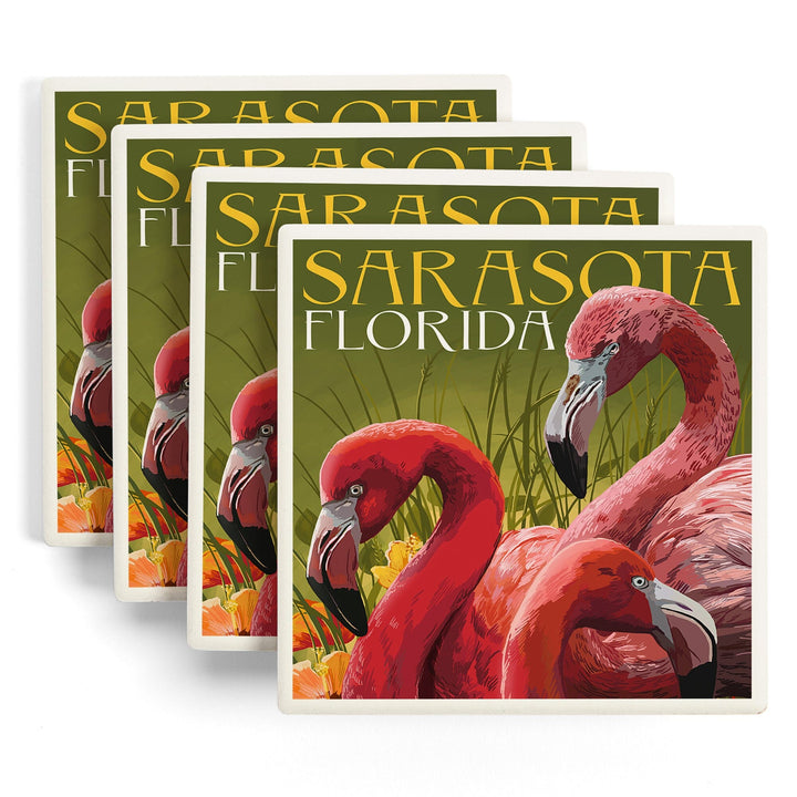 Sarasota, Florida, Flamingos, Lantern Press Artwork, Coaster Set Coasters Lantern Press 