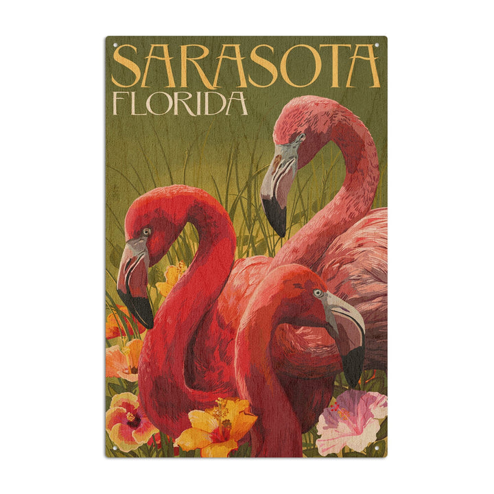 Sarasota, Florida, Flamingos, Lantern Press Artwork, Wood Signs and Postcards Wood Lantern Press 10 x 15 Wood Sign 