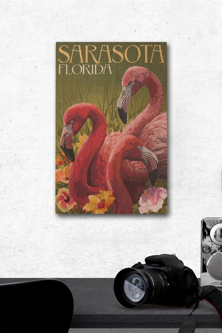 Sarasota, Florida, Flamingos, Lantern Press Artwork, Wood Signs and Postcards Wood Lantern Press 12 x 18 Wood Gallery Print 