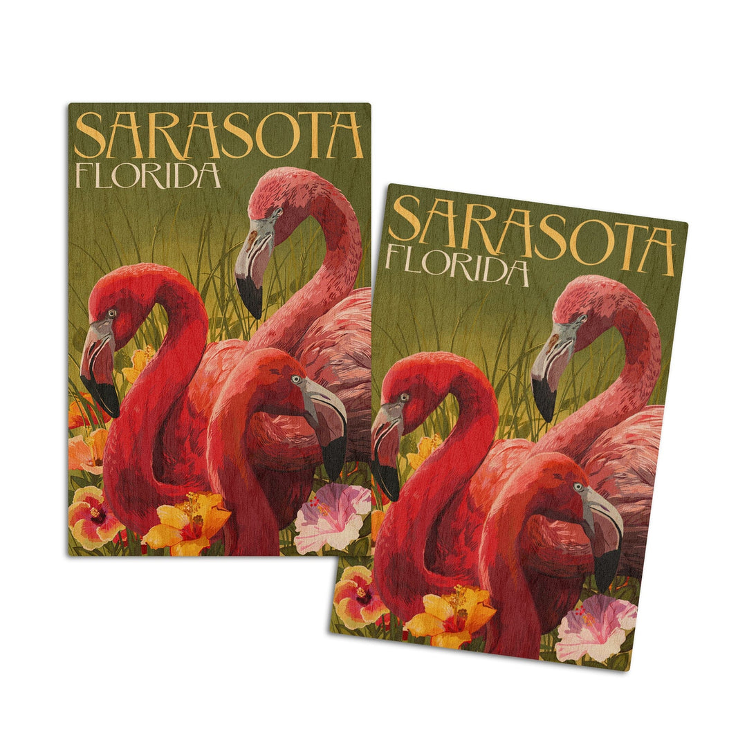 Sarasota, Florida, Flamingos, Lantern Press Artwork, Wood Signs and Postcards Wood Lantern Press 4x6 Wood Postcard Set 