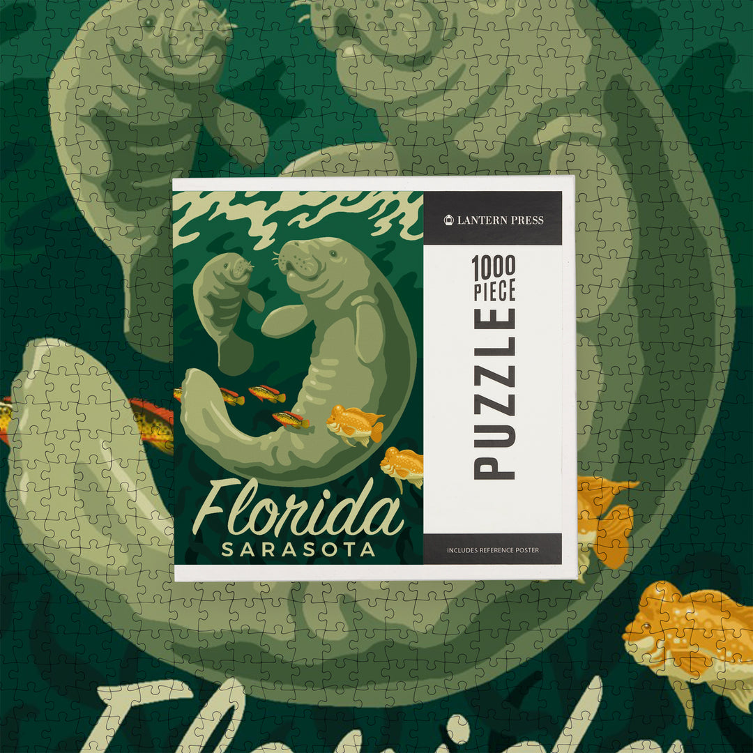 Sarasota, Florida, Manatee and Calf Swimming, Jigsaw Puzzle Puzzle Lantern Press 