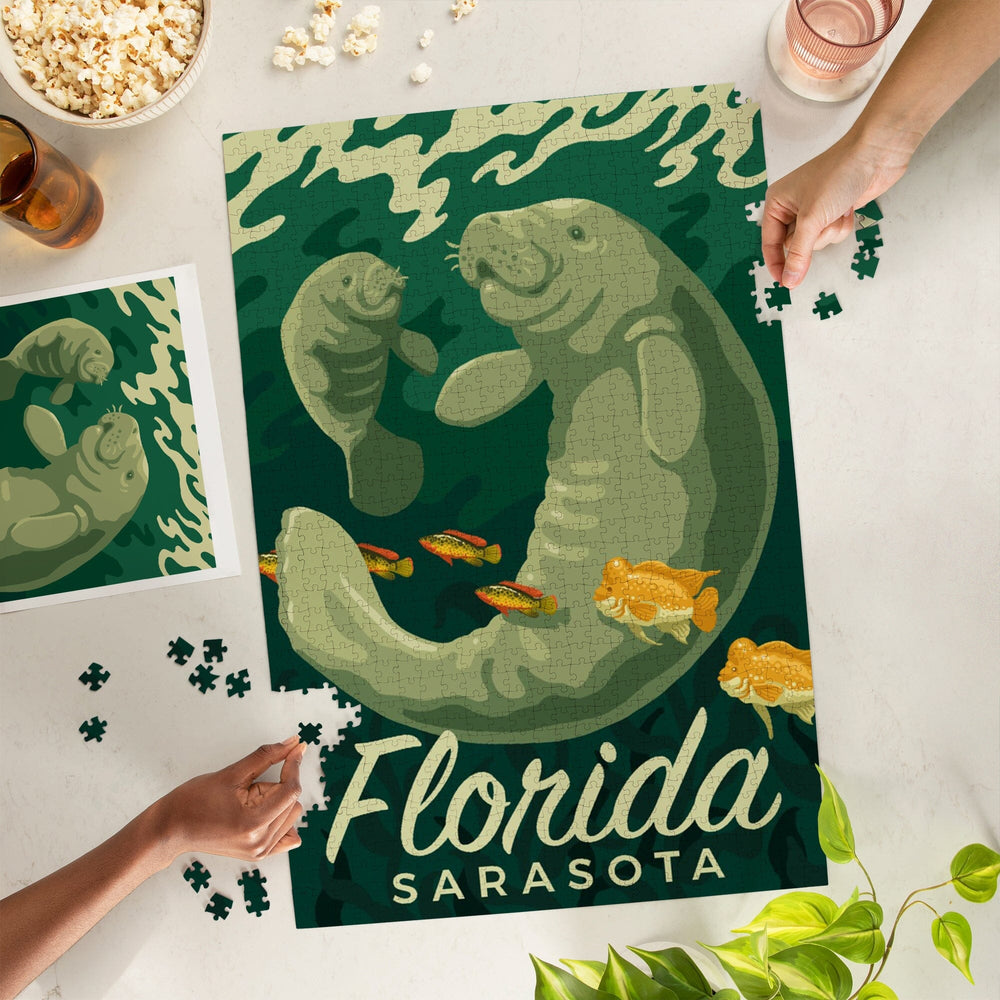 Sarasota, Florida, Manatee and Calf Swimming, Jigsaw Puzzle Puzzle Lantern Press 