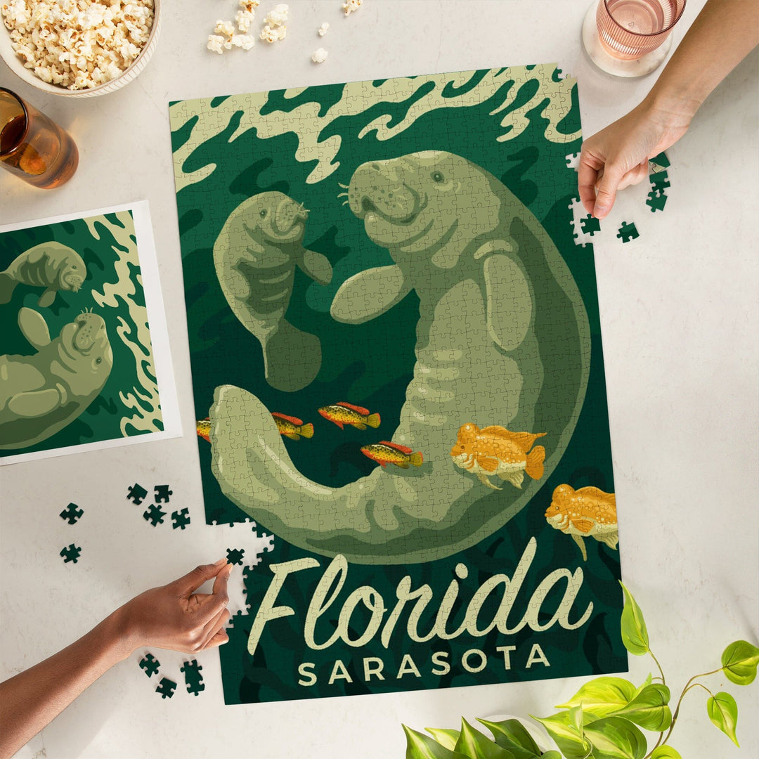 Sarasota, Florida, Manatee and Calf Swimming, Jigsaw Puzzle Puzzle Lantern Press 