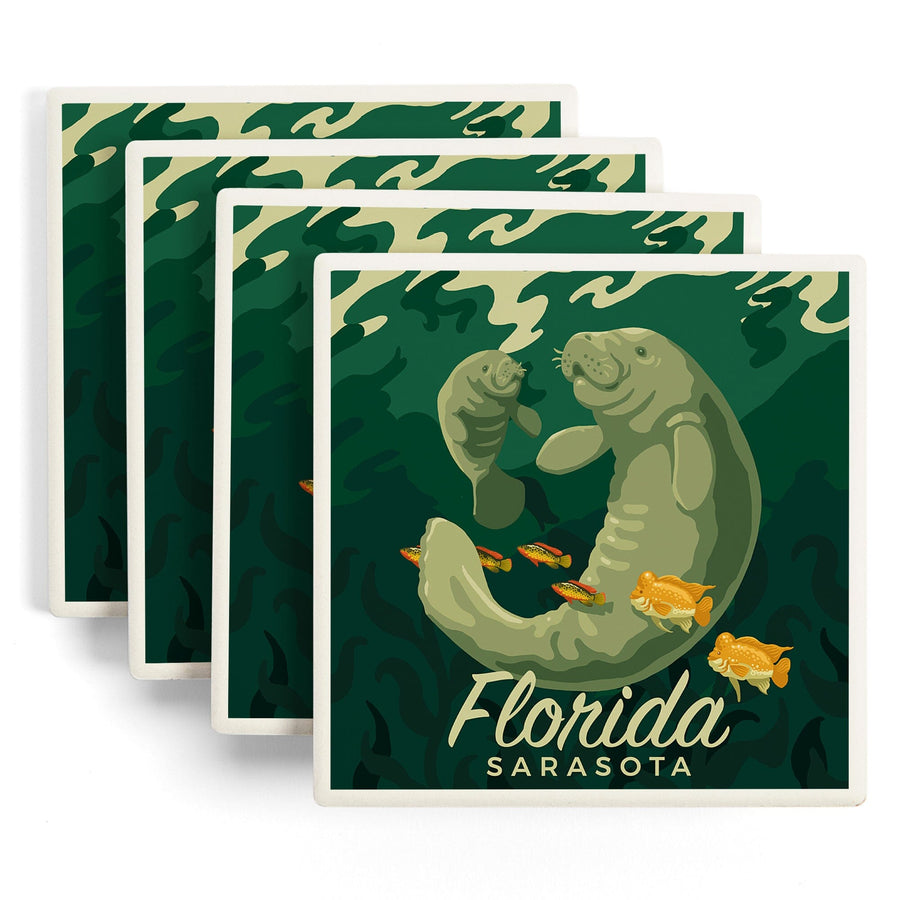 Sarasota, Florida, Manatee & Calf Swimming, Lantern Press Artwork, Coaster Set Coasters Lantern Press 