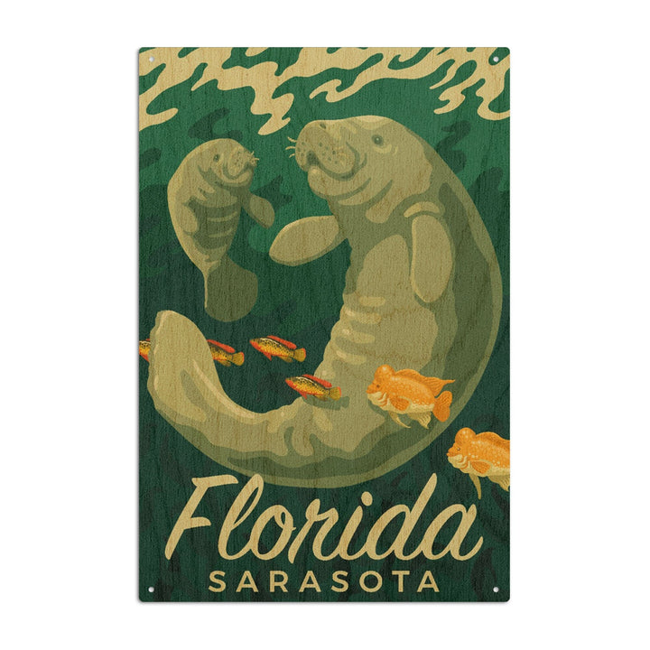 Sarasota, Florida, Manatee & Calf Swimming, Lantern Press Artwork, Wood Signs and Postcards Wood Lantern Press 10 x 15 Wood Sign 