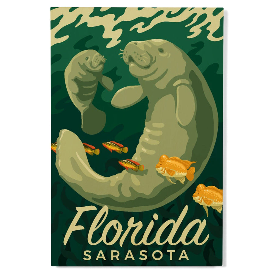 Sarasota, Florida, Manatee & Calf Swimming, Lantern Press Artwork, Wood Signs and Postcards Wood Lantern Press 