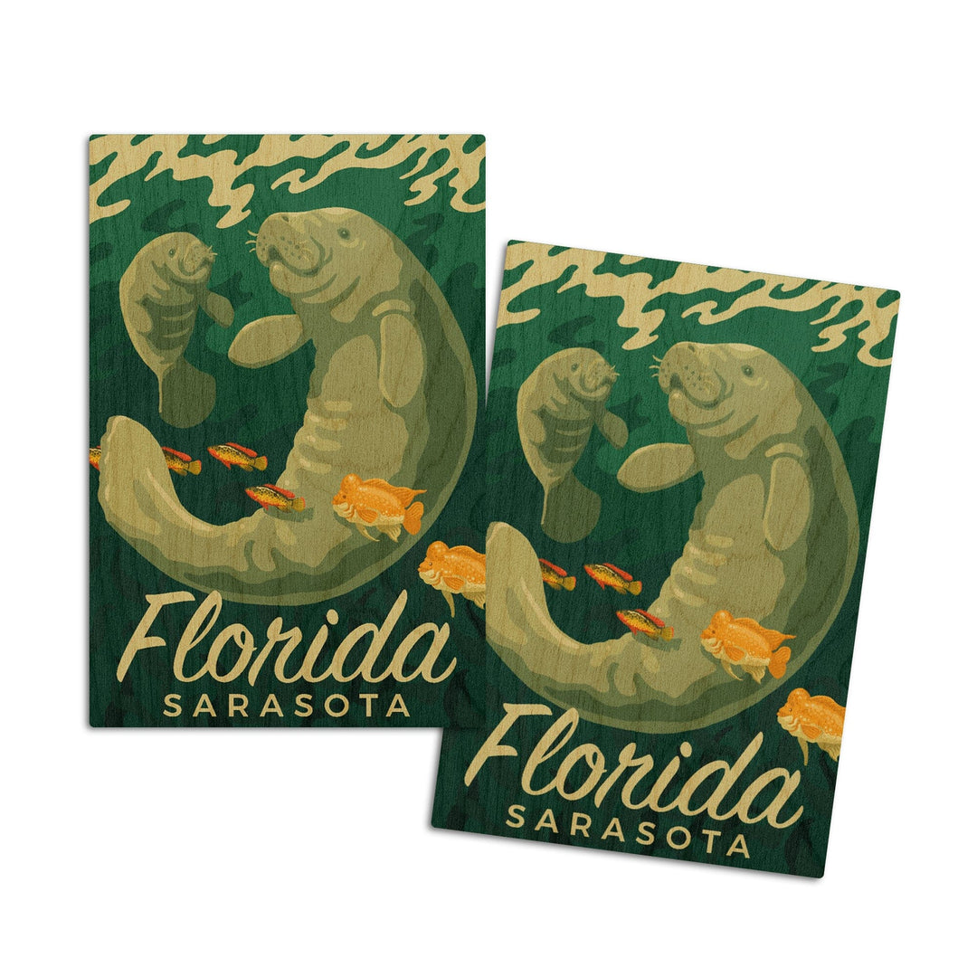 Sarasota, Florida, Manatee & Calf Swimming, Lantern Press Artwork, Wood Signs and Postcards Wood Lantern Press 4x6 Wood Postcard Set 