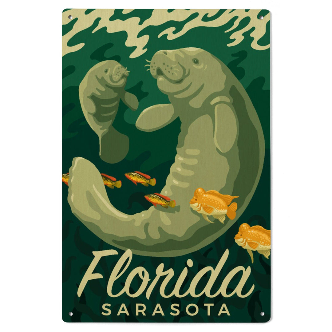 Sarasota, Florida, Manatee & Calf Swimming, Lantern Press Artwork, Wood Signs and Postcards Wood Lantern Press 