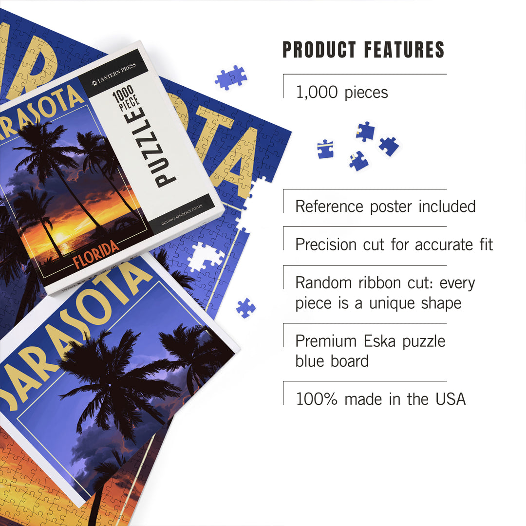 Sarasota, Florida, Palms and Sunset, Jigsaw Puzzle Puzzle Lantern Press 