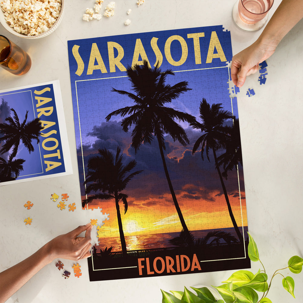 Sarasota, Florida, Palms and Sunset, Jigsaw Puzzle Puzzle Lantern Press 