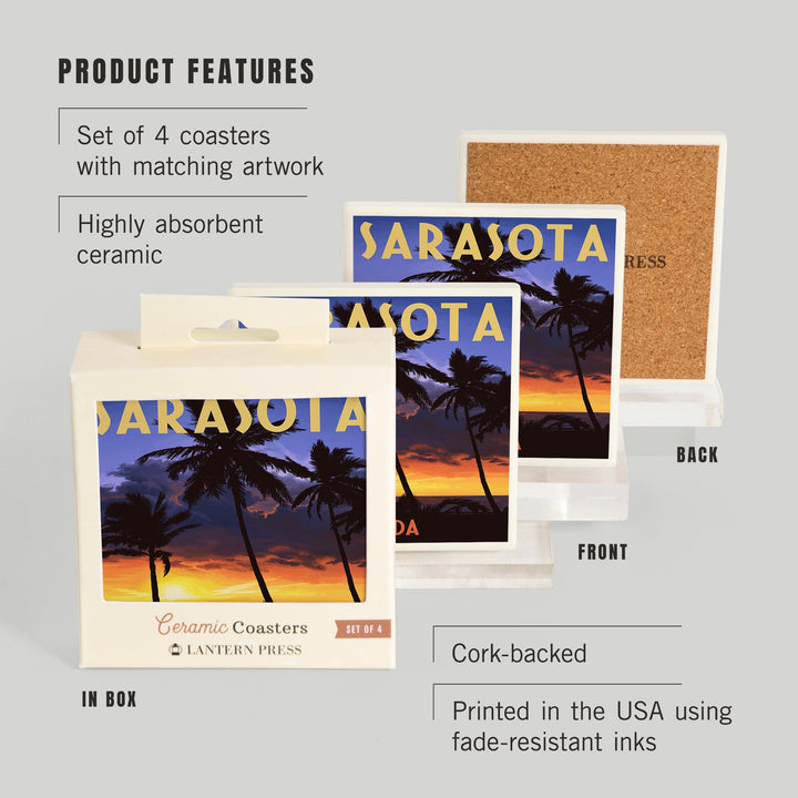 Sarasota, Florida, Palms & Sunset, Lantern Press Artwork, Coaster Set Coasters Lantern Press 