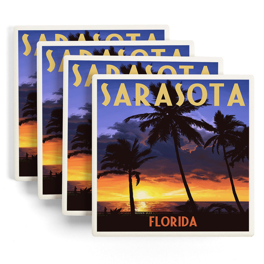 Sarasota, Florida, Palms & Sunset, Lantern Press Artwork, Coaster Set Coasters Lantern Press 