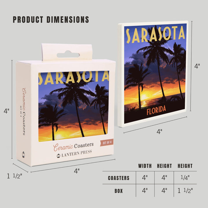 Sarasota, Florida, Palms & Sunset, Lantern Press Artwork, Coaster Set Coasters Lantern Press 