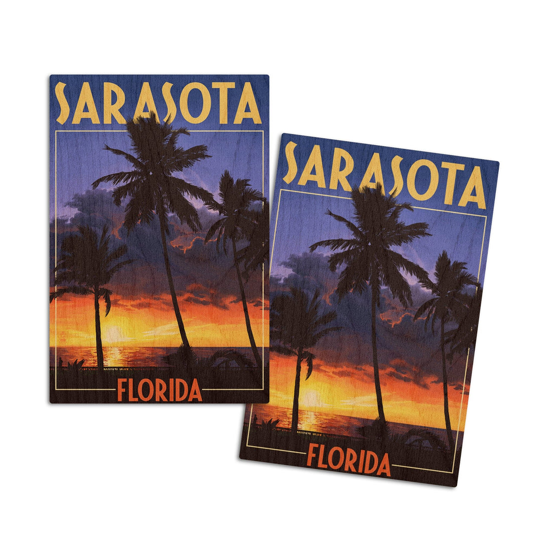 Sarasota, Florida, Palms & Sunset, Lantern Press Artwork, Wood Signs and Postcards Wood Lantern Press 4x6 Wood Postcard Set 