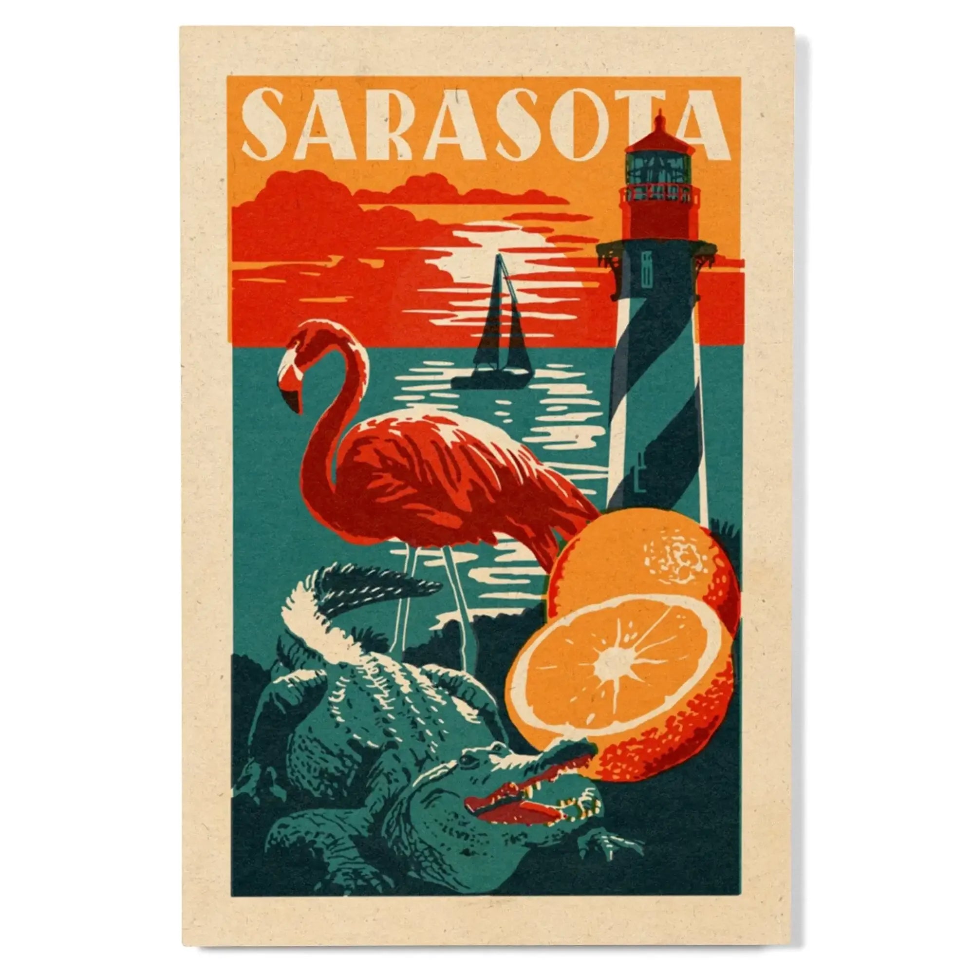 Sarasota, Florida, Woodblock, Lantern Press Artwork, Wood Signs and Po