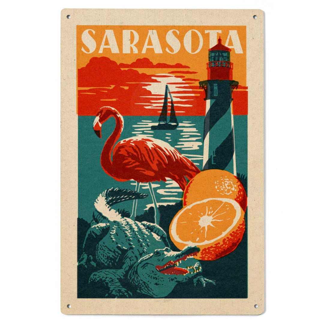 Sarasota, Florida, Woodblock, Lantern Press Artwork, Wood Signs and Postcards Wood Lantern Press 