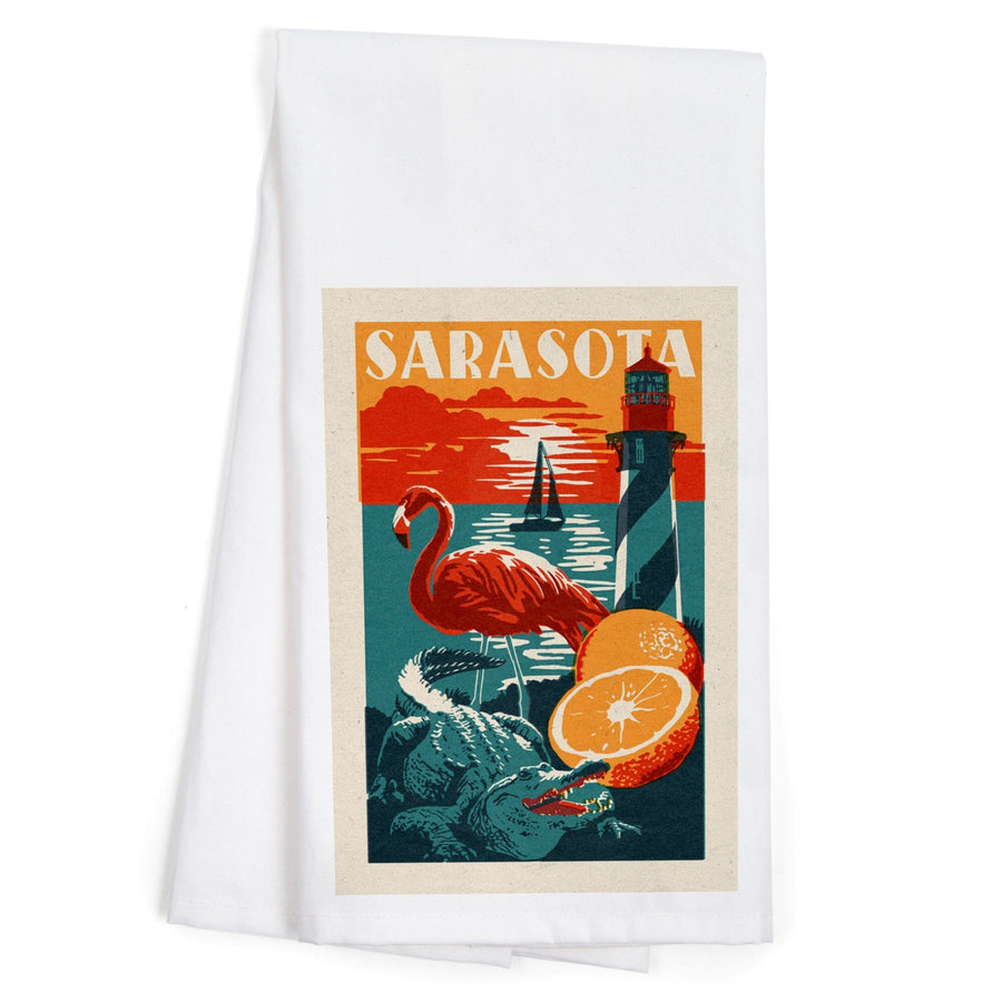 Sarasota, Florida, Woodblock, Organic Cotton Kitchen Tea Towels Kitchen Lantern Press 