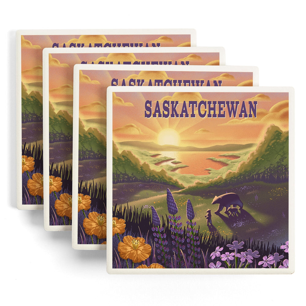Saskatchewan, Lithograph, Bear and Spring Flowers, Lake, Coasters Coasters Lantern Press 
