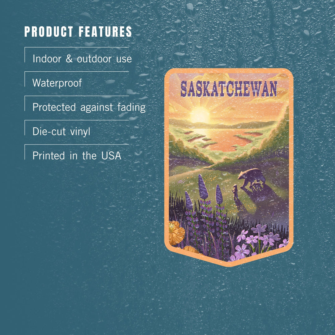 Saskatchewan, Lithograph, Bear and Spring Flowers, Lake, Contour, Vinyl Sticker Sticker Lantern Press 