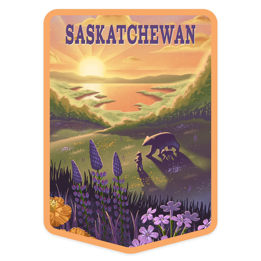 Saskatchewan, Lithograph, Bear and Spring Flowers, Lake, Contour, Vinyl Sticker Sticker Lantern Press 