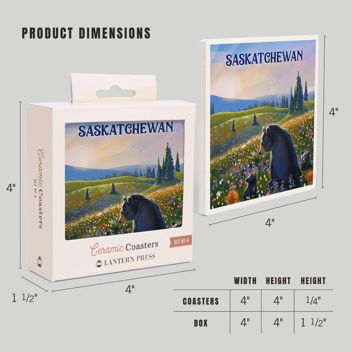 Saskatchewan, Lithograph, Bear Family in Field, Coasters Coasters Lantern Press 