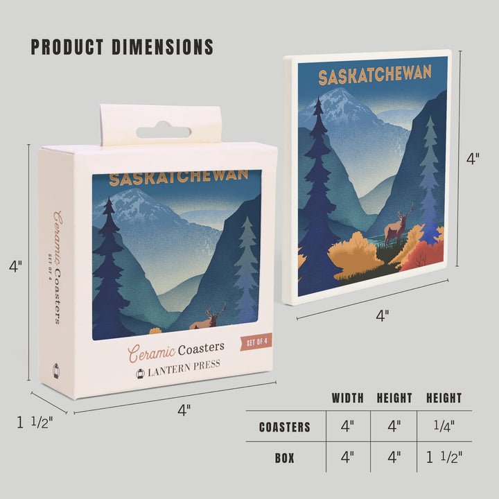 Saskatchewan, Lithograph, Elk and Mountains Scene, Coasters Coasters Lantern Press 