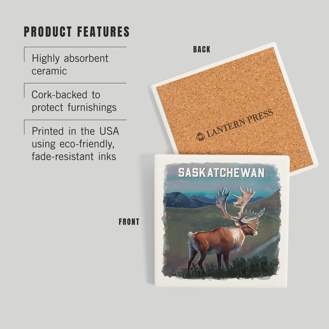 Saskatchewan, Watercolor Study, Caribou, Coasters Coasters Lantern Press 