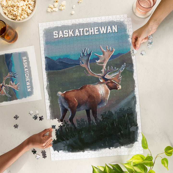 Saskatchewan, Watercolor Study, Caribou, Jigsaw Puzzle Puzzle Lantern Press 