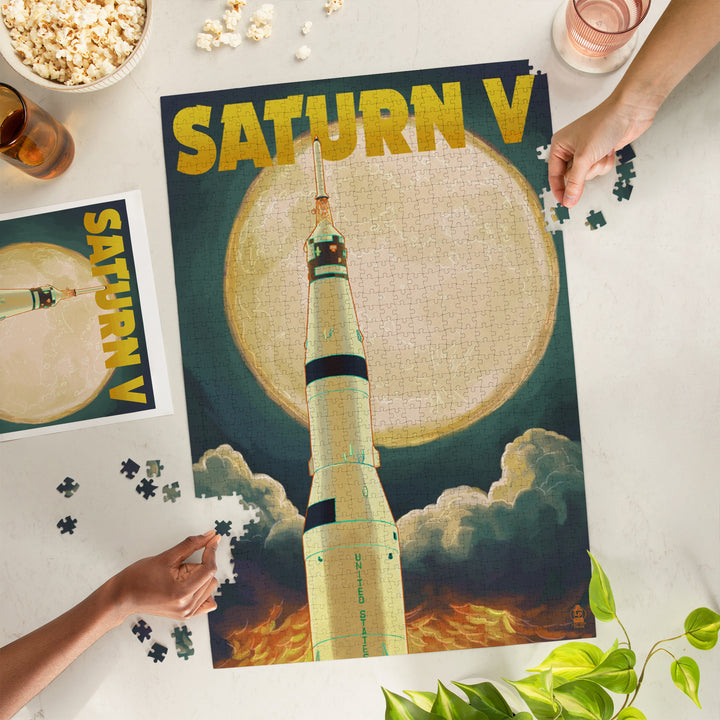 Saturn V and Full Moon, Jigsaw Puzzle Puzzle Lantern Press 