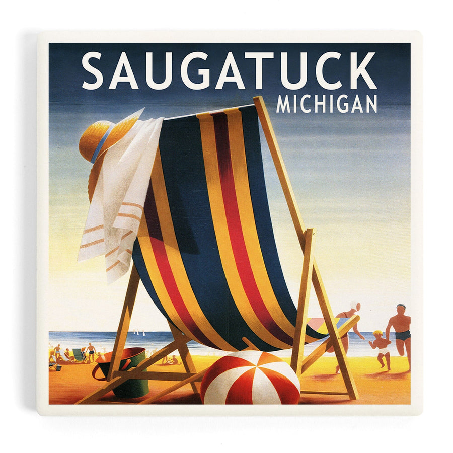 Saugatuck, Michigan, Beach Chair and Ball, Coasters Coasters Lantern Press 