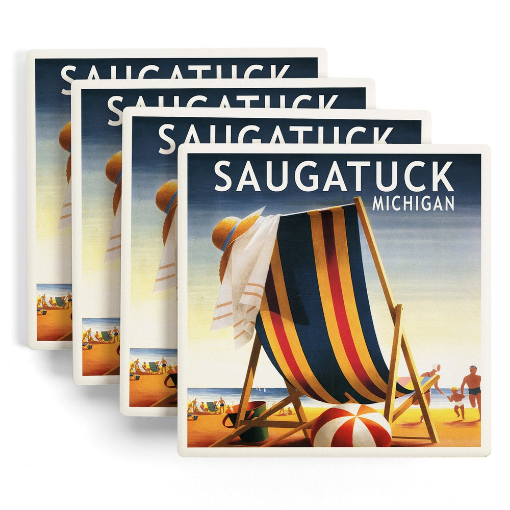 Saugatuck, Michigan, Beach Chair and Ball, Coasters Coasters Lantern Press 