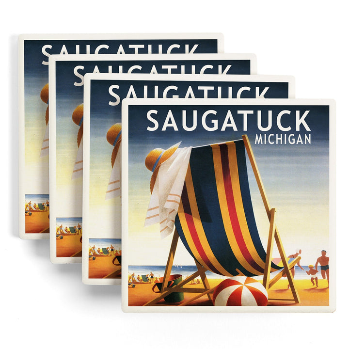 Saugatuck, Michigan, Beach Chair and Ball, Coasters Coasters Lantern Press 