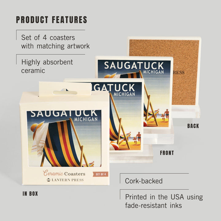 Saugatuck, Michigan, Beach Chair and Ball, Coasters Coasters Lantern Press 