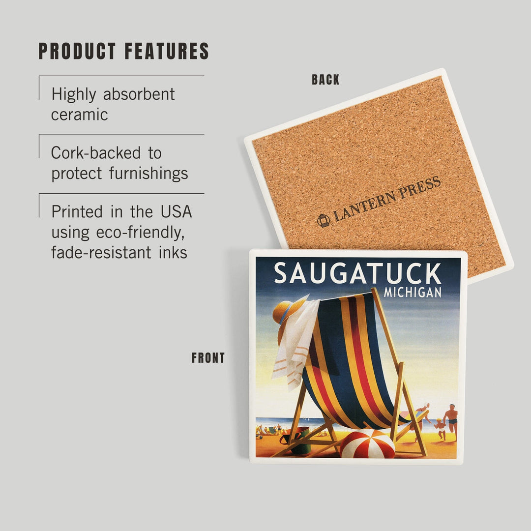 Saugatuck, Michigan, Beach Chair and Ball, Coasters Coasters Lantern Press 