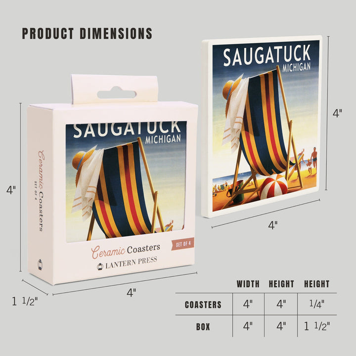 Saugatuck, Michigan, Beach Chair and Ball, Coasters Coasters Lantern Press 