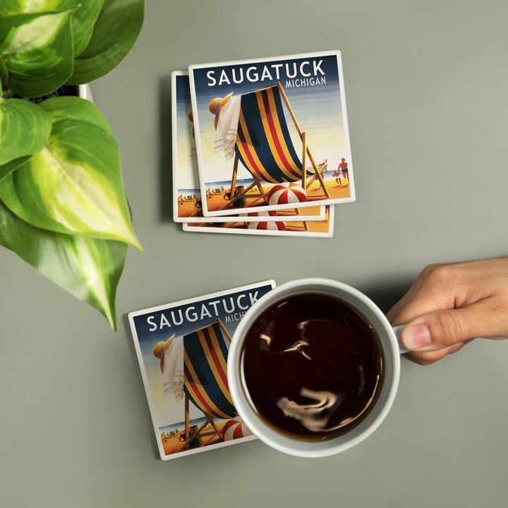 Saugatuck, Michigan, Beach Chair and Ball, Coasters Coasters Lantern Press 