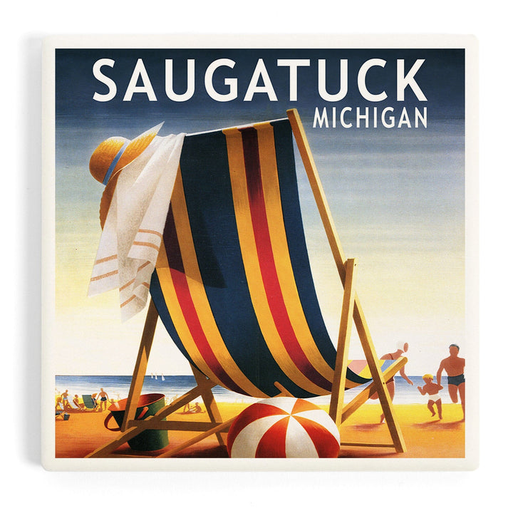 Saugatuck, Michigan, Beach Chair and Ball, Coasters Coasters Lantern Press Coaster 