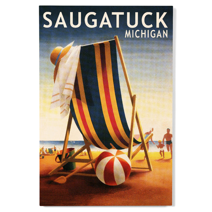 Saugatuck, Michigan, Beach Chair and Ball, Wood Signs and Postcards Wood Lantern Press 