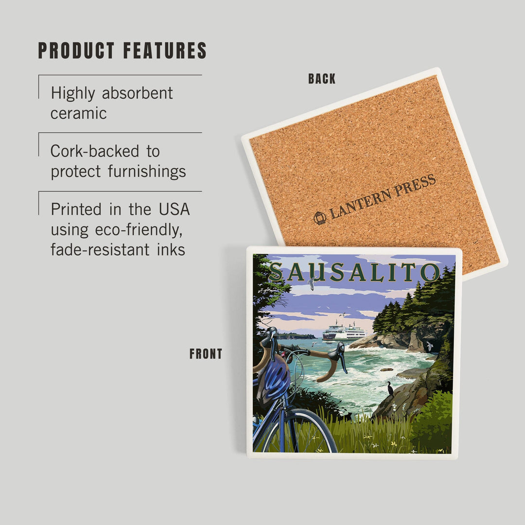 Sausalito, California, Coastal Scene, Bike and Ferry, Coasters Coasters Lantern Press 