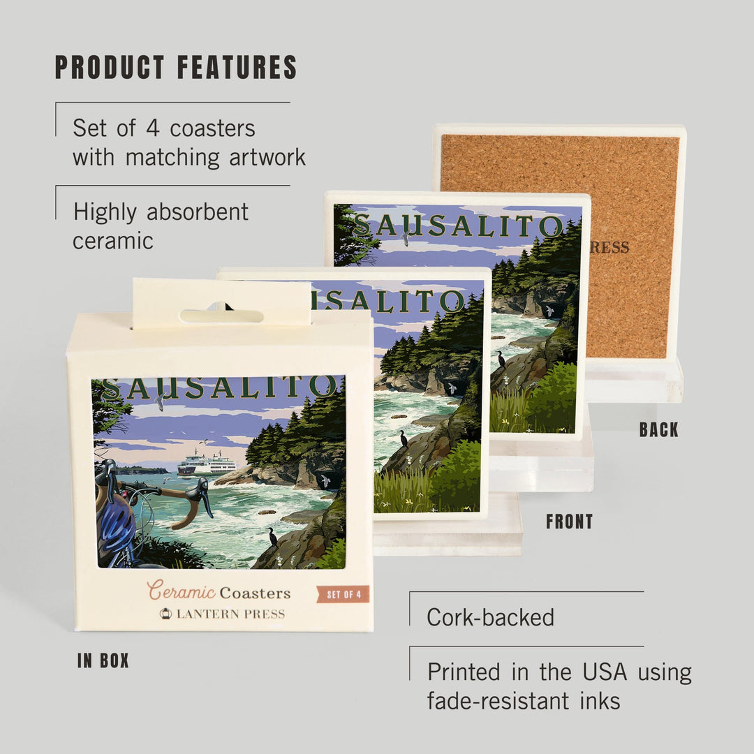 Sausalito, California, Coastal Scene, Bike and Ferry, Coasters Coasters Lantern Press 