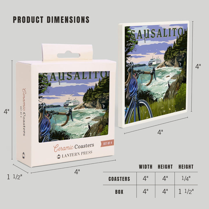 Sausalito, California, Coastal Scene, Bike and Ferry, Coasters Coasters Lantern Press 