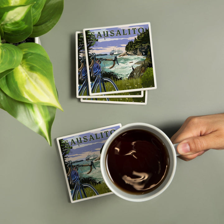 Sausalito, California, Coastal Scene, Bike and Ferry, Coasters Coasters Lantern Press 