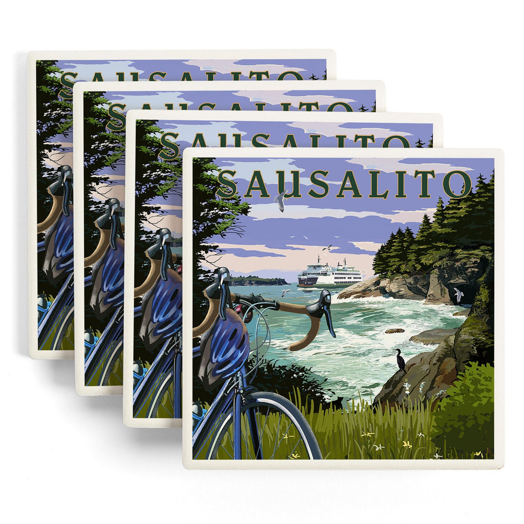 Sausalito, California, Coastal Scene, Bike and Ferry, Coasters Coasters Lantern Press 