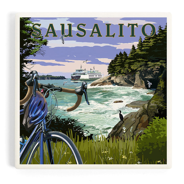 Sausalito, California, Coastal Scene, Bike and Ferry, Coasters Coasters Lantern Press Coaster 