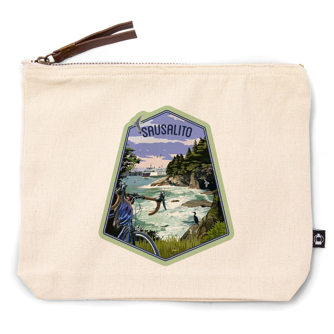 Sausalito, California, Coastal Scene, Bike and Ferry,, Organic Cotton Zipper Pouch, Go Bag Totes Lantern Press 