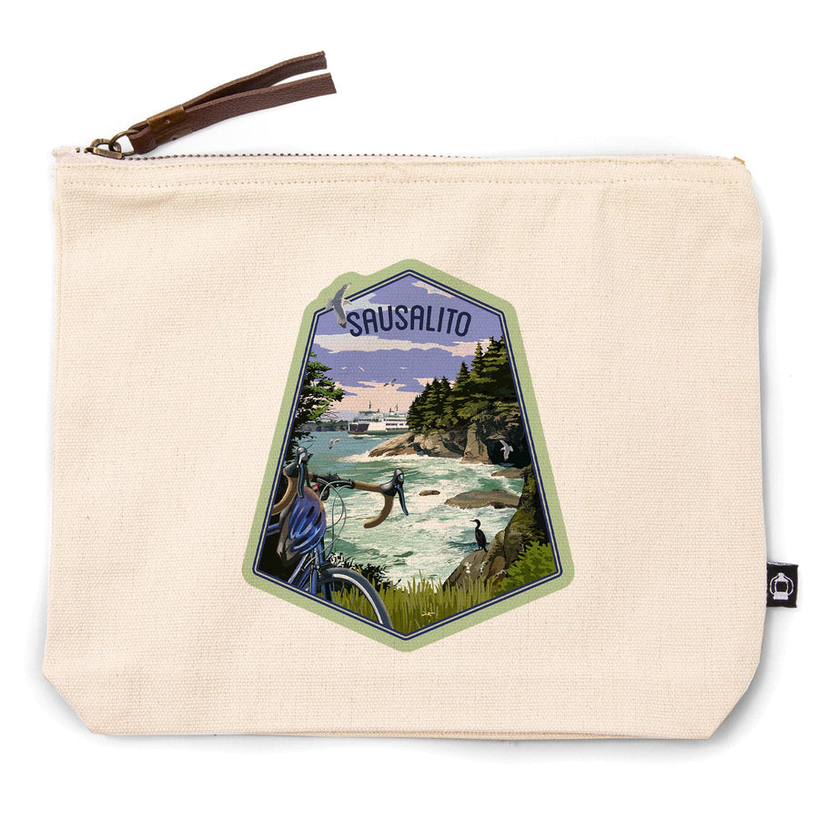 Sausalito, California, Coastal Scene, Bike and Ferry,, Organic Cotton Zipper Pouch, Go Bag Totes Lantern Press 