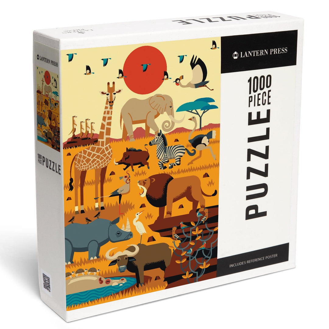 Savanna Animals, Textured Geometric, Jigsaw Puzzle Puzzle Lantern Press 