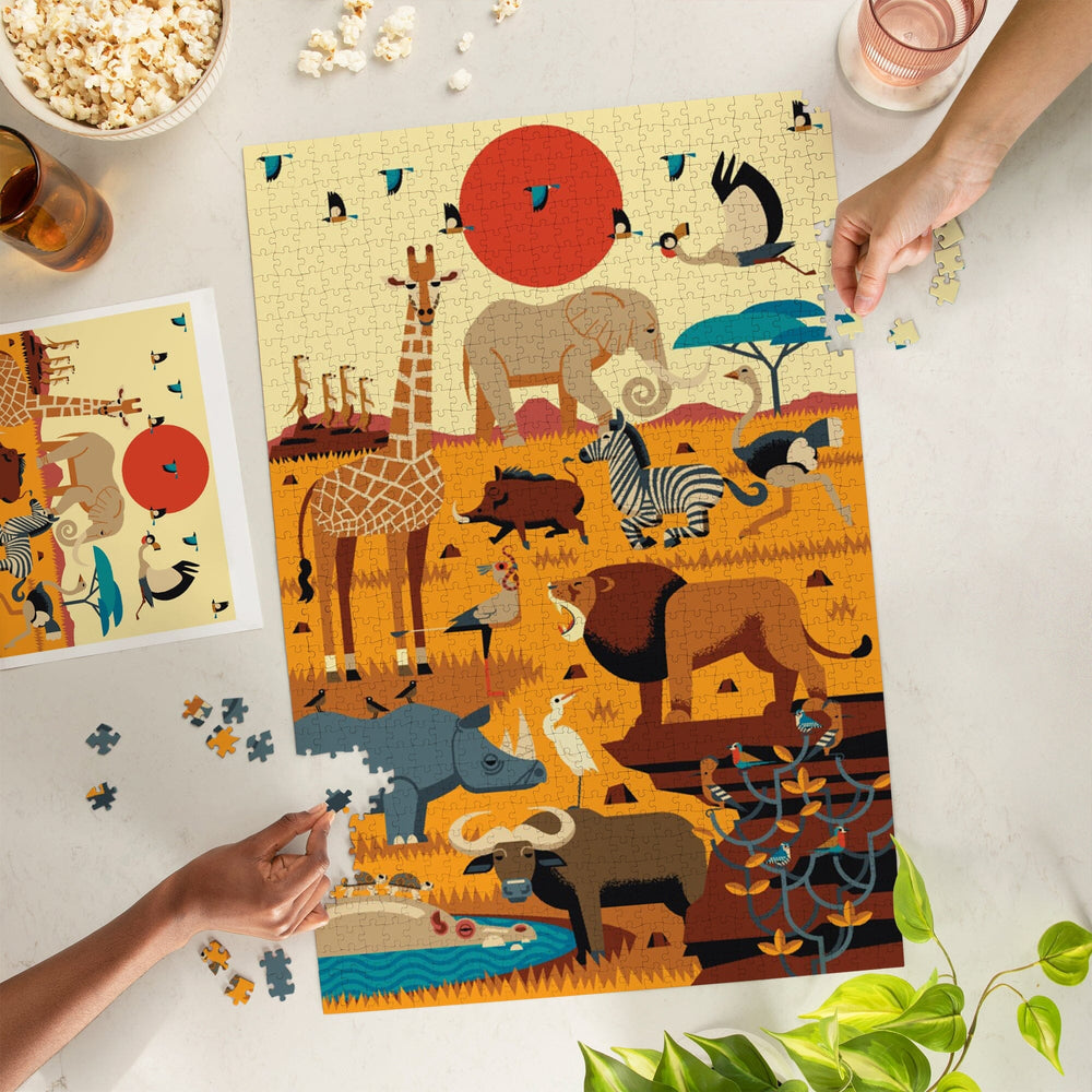 Savanna Animals, Textured Geometric, Jigsaw Puzzle Puzzle Lantern Press 